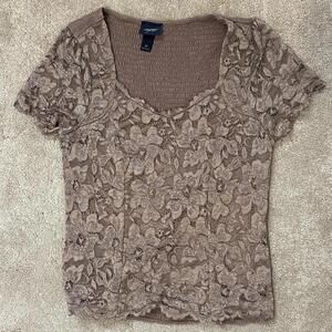 Women’s M Tan Stretchy Floral Lace Daytrip Lined Top Buckle Brand